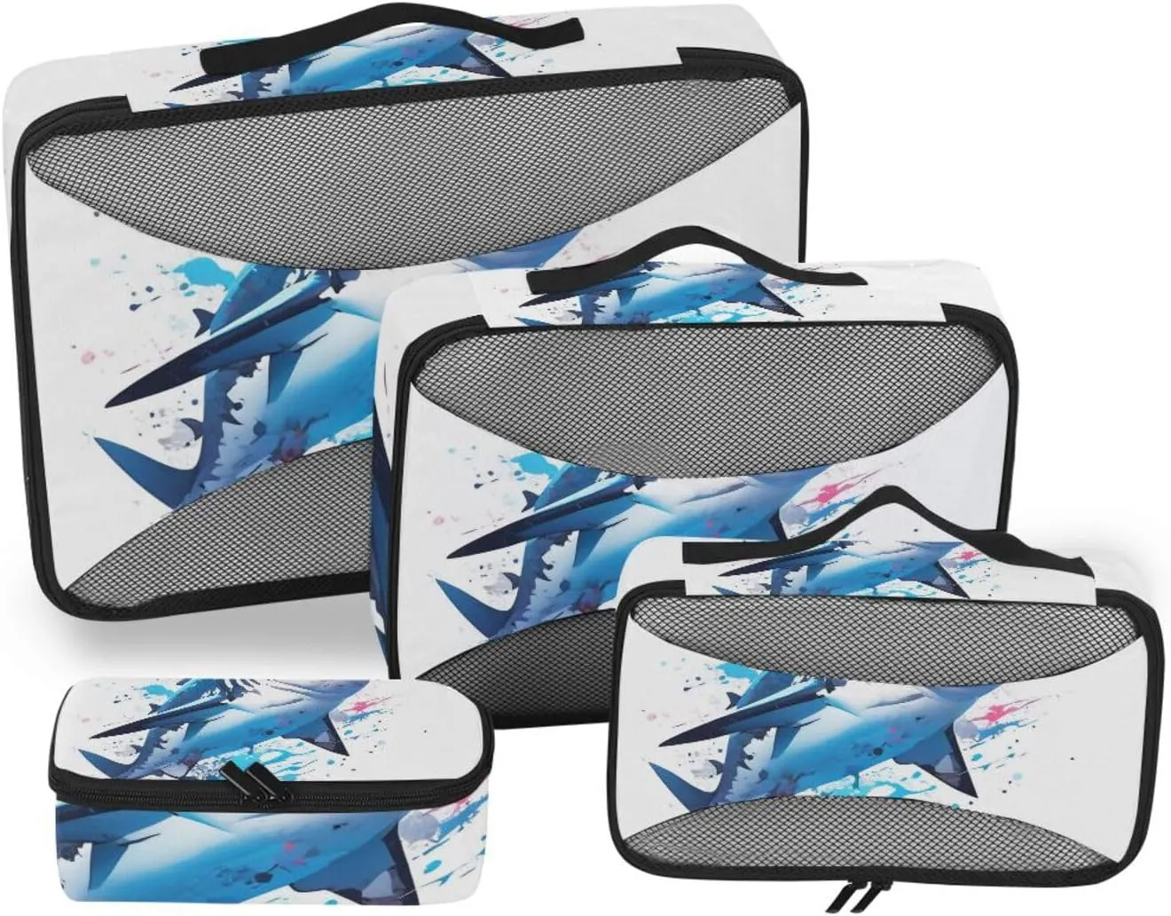 Packing Cubes for Travel 4 Set Blue Shark Ocean White Luggage Set Suitcase Organizer Bags Mesh Accessories Storage Pouch Toiletry Packing Cubes