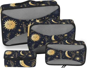 Packing Cubes for Travel 4 Set Bohemian Astrology Sun Black Luggage Set Suitcase Organizer Bags Mesh Accessories Storage Pouch Toiletry Packing Cubes