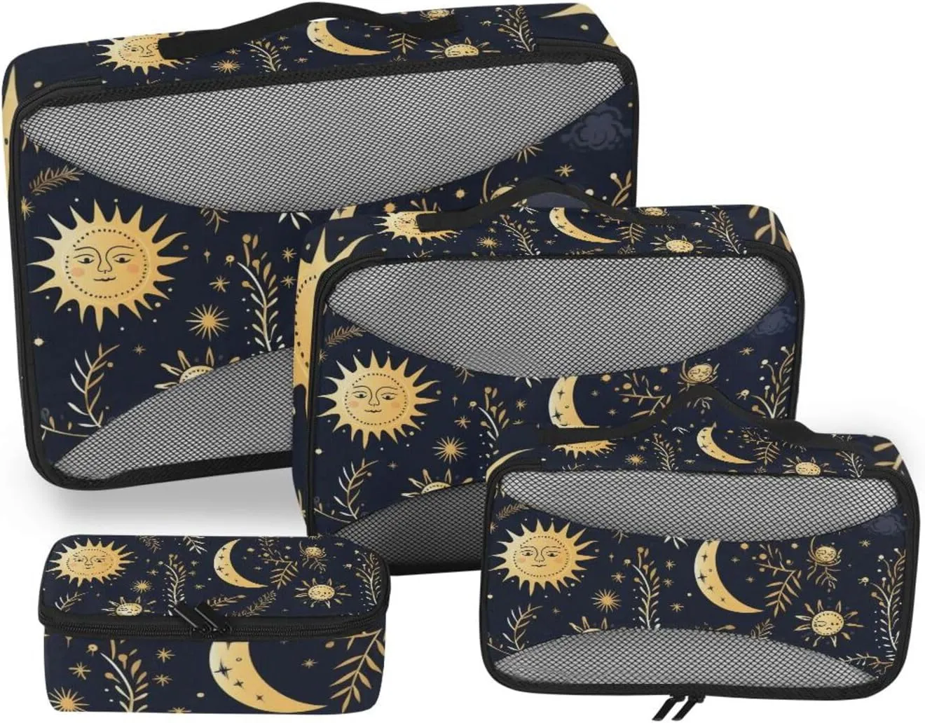 Packing Cubes for Travel 4 Set Bohemian Astrology Sun Black Luggage Set Suitcase Organizer Bags Mesh Accessories Storage Pouch Toiletry Packing Cubes