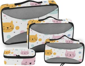 Packing Cubes for Travel 4 Set Cat Polka Dots Cartoon Luggage Set Suitcase Organizer Bags Mesh Accessories Storage Pouch Toiletry Packing Cubes