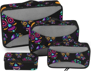 Packing Cubes for Travel 4 Set Day The Dead Colorful Sugar Skull Floral Luggage Set Suitcase Organizer Bags Mesh Accessories Storage Pouch Toiletry Packing Cubes