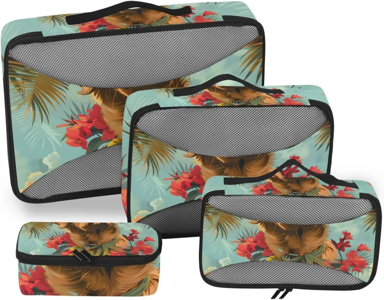 Packing Cubes for Travel 4 Set Dog Blue Tropical Plants Luggage Set Suitcase Organizer Bags Mesh Accessories Storage Pouch Toiletry Packing Cubes