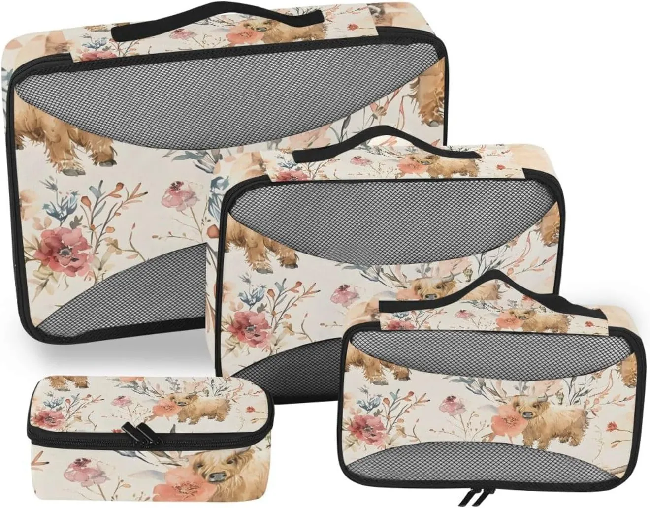 Packing Cubes for Travel 4 Set Highland Cows Flowers Luggage Set Suitcase Organizer Bags Mesh Accessories Storage Pouch Toiletry Packing Cubes