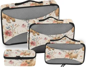Packing Cubes for Travel 4 Set Highland Cows Flowers Luggage Set Suitcase Organizer Bags Mesh Accessories Storage Pouch Toiletry Packing Cubes