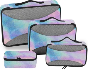 Packing Cubes for Travel 4 Set Holographic Swirl Tie Dye Rainbow Luggage Set Suitcase Organizer Bags Mesh Accessories Storage Pouch Toiletry Packing Cubes