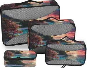 Packing Cubes for Travel 4 Set Neon Hawaiian Summer Beach Luggage Set Suitcase Organizer Bags Mesh Accessories Storage Pouch Toiletry Packing Cubes