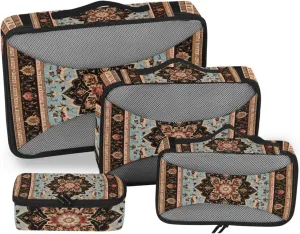 Packing Cubes for Travel 4 Set Orange Mandala Aztec Flower Boho Africa Luggage Set Suitcase Organizer Bags Mesh Accessories Storage Pouch Toiletry Packing Cubes