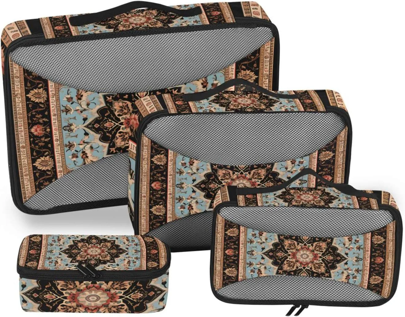 Packing Cubes for Travel 4 Set Orange Mandala Aztec Flower Boho Africa Luggage Set Suitcase Organizer Bags Mesh Accessories Storage Pouch Toiletry Packing Cubes