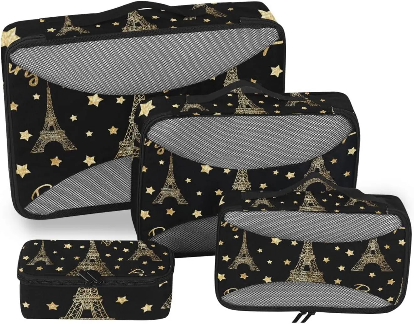 Packing Cubes for Travel 4 Set Paris Romantic Gold Glitter Stars Eiffel Tower Luggage Set Suitcase Organizer Bags Mesh Accessories Storage Pouch Toiletry Packing Cubes