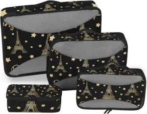 Packing Cubes for Travel 4 Set Paris Romantic Gold Glitter Stars Eiffel Tower Luggage Set Suitcase Organizer Bags Mesh Accessories Storage Pouch Toiletry Packing Cubes