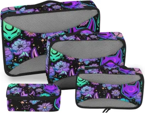 Packing Cubes for Travel 4 Set Psychedelic Fox Camellia Purple Luggage Set Suitcase Organizer Bags Mesh Accessories Storage Pouch Toiletry Packing Cubes
