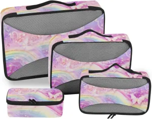 Packing Cubes for Travel 4 Set Rainbow Butterfly Tie Dye Glitter Luggage Set Suitcase Organizer Bags Mesh Accessories Storage Pouch Toiletry Packing Cubes
