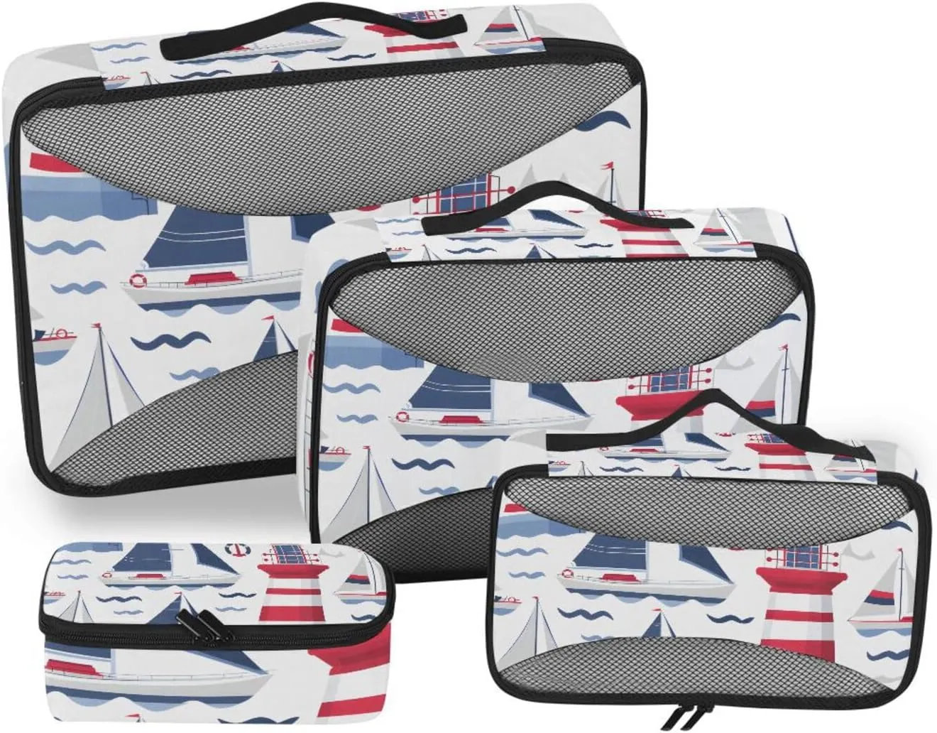 Packing Cubes for Travel 4 Set Sailboat Ocean Blue Map Luggage Set Suitcase Organizer Bags Mesh Accessories Storage Pouch Toiletry Packing Cubes
