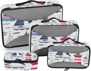 Packing Cubes for Travel 4 Set Sailboat Ocean Blue Map Luggage Set Suitcase Organizer Bags Mesh Accessories Storage Pouch Toiletry Packing Cubes