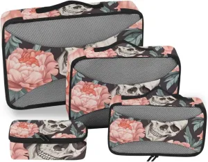 Packing Cubes for Travel 4 Set Skeleton Skull Pink Flower Luggage Set Suitcase Organizer Bags Mesh Accessories Storage Pouch Toiletry Packing Cubes