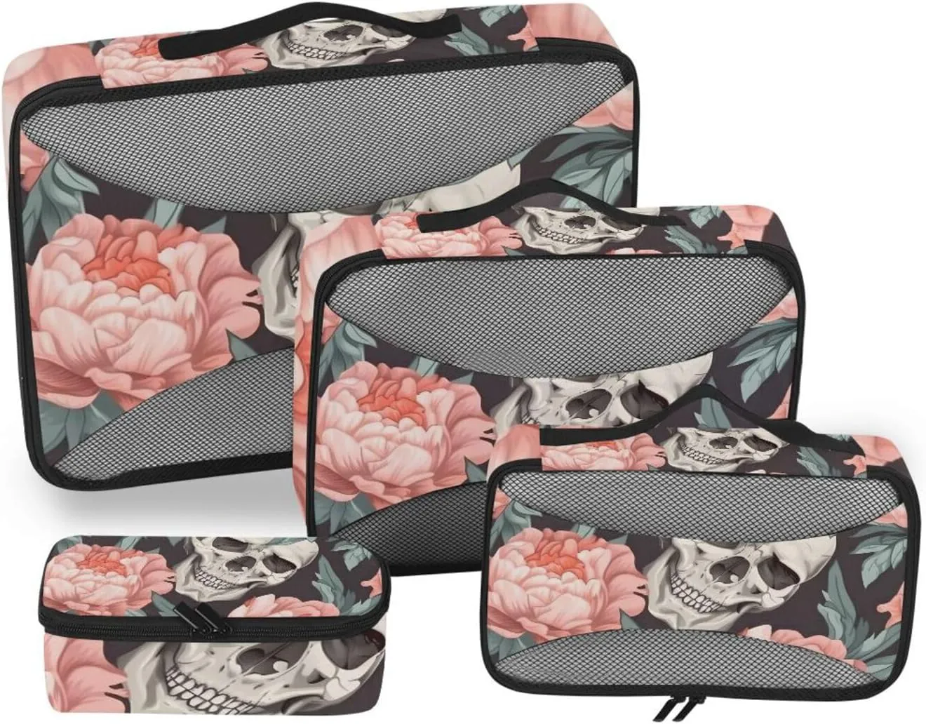 Packing Cubes for Travel 4 Set Skeleton Skull Pink Flower Luggage Set Suitcase Organizer Bags Mesh Accessories Storage Pouch Toiletry Packing Cubes