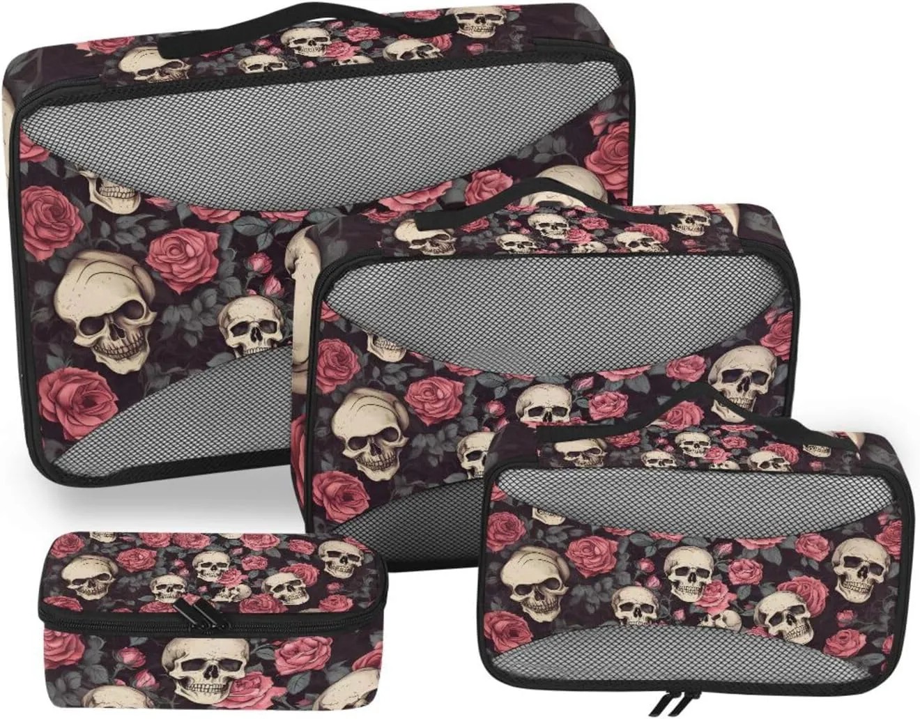 Packing Cubes for Travel 4 Set Skull Red Rose Flower Skeleton Gothic Luggage Set Suitcase Organizer Bags Mesh Accessories Storage Pouch Toiletry Packing Cubes