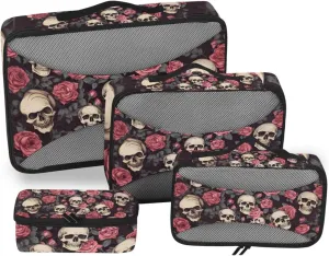 Packing Cubes for Travel 4 Set Skull Red Rose Flower Skeleton Gothic Luggage Set Suitcase Organizer Bags Mesh Accessories Storage Pouch Toiletry Packing Cubes