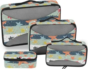 Packing Cubes for Travel 4 Set Star Green Stripes Luggage Set Suitcase Organizer Bags Mesh Accessories Storage Pouch Toiletry Packing Cubes