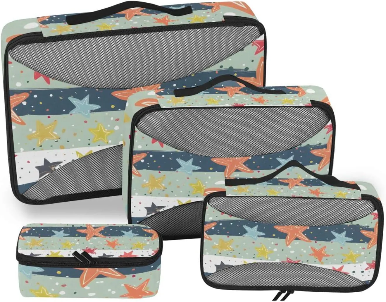 Packing Cubes for Travel 4 Set Star Green Stripes Luggage Set Suitcase Organizer Bags Mesh Accessories Storage Pouch Toiletry Packing Cubes