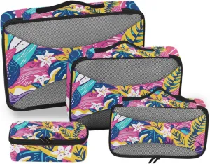 Packing Cubes for Travel 4 Set Tropical Colorful Plant Leaves Luggage Set Suitcase Organizer Bags Mesh Accessories Storage Pouch Toiletry Packing Cubes