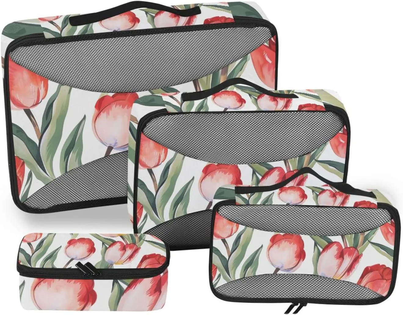 Packing Cubes for Travel 4 Set Tulips Red Flower White Luggage Set Suitcase Organizer Bags Mesh Accessories Storage Pouch Toiletry Packing Cubes