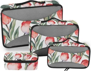 Packing Cubes for Travel 4 Set Tulips Red Flower White Luggage Set Suitcase Organizer Bags Mesh Accessories Storage Pouch Toiletry Packing Cubes