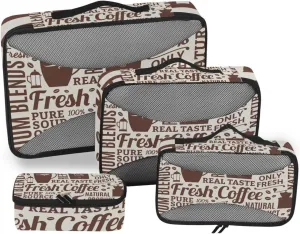 Packing Cubes for Travel 4 Set Vintage Styled Brown Coffee Shop Luggage Set Suitcase Organizer Bags Mesh Accessories Storage Pouch Toiletry Packing Cubes