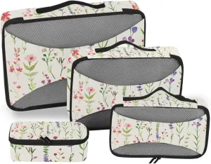 Packing Cubes for Travel 4 Set Watercolor Wildflowers Beige Luggage Set Suitcase Organizer Bags Mesh Accessories Storage Pouch Toiletry Packing Cubes