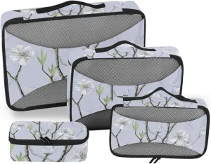 Packing Cubes for Travel 4 Set White Cherry Blossoms Purple Luggage Set Suitcase Organizer Bags Mesh Accessories Storage Pouch Toiletry Packing Cubes