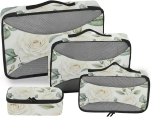 Packing Cubes for Travel 4 Set White Rose Flower Muted Color Luggage Set Suitcase Organizer Bags Mesh Accessories Storage Pouch Toiletry Packing Cubes