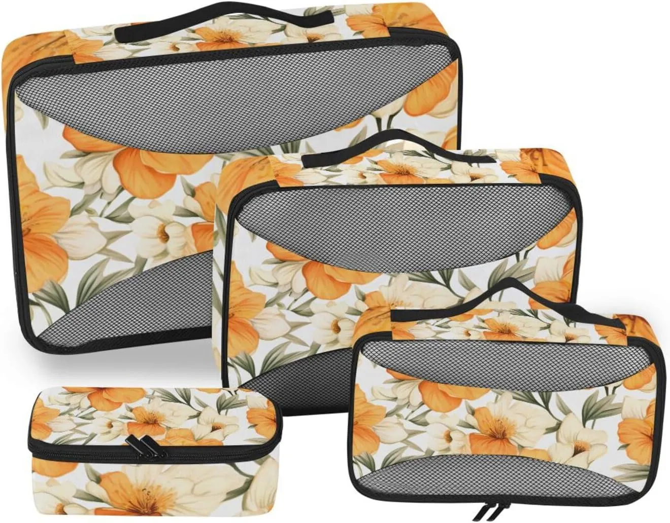 Packing Cubes for Travel 4 Set Yellow Flower Green Leaves Luggage Set Suitcase Organizer Bags Mesh Accessories Storage Pouch Toiletry Packing Cubes