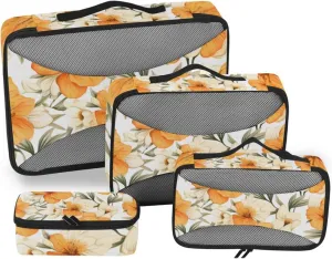 Packing Cubes for Travel 4 Set Yellow Flower Green Leaves Luggage Set Suitcase Organizer Bags Mesh Accessories Storage Pouch Toiletry Packing Cubes