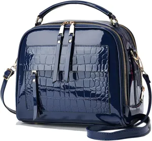 Patent Leather Handbag Multi Pockets Top-handle Satchels Stone Pattern Shoulder Bags All Around Zipper Crossbody Purse