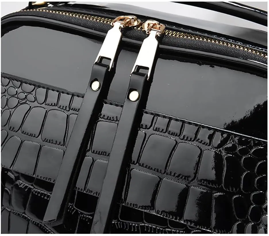 Patent Leather Handbag Multi Pockets Top-handle Satchels Stone Pattern Shoulder Bags All Around Zipper Crossbody Purse