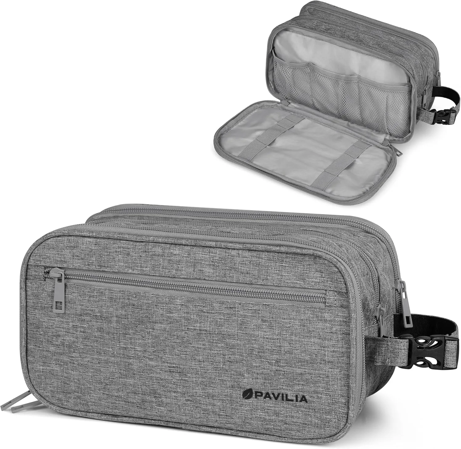 PAVILIA Toiletry Bag for Men, Travel Toiletries Bag | Water-resistant Dopp Kit, PU Leather Shaving Pouch Organizer for Accessories, Cosmetic, Hygiene, Grooming Essentials (Black)