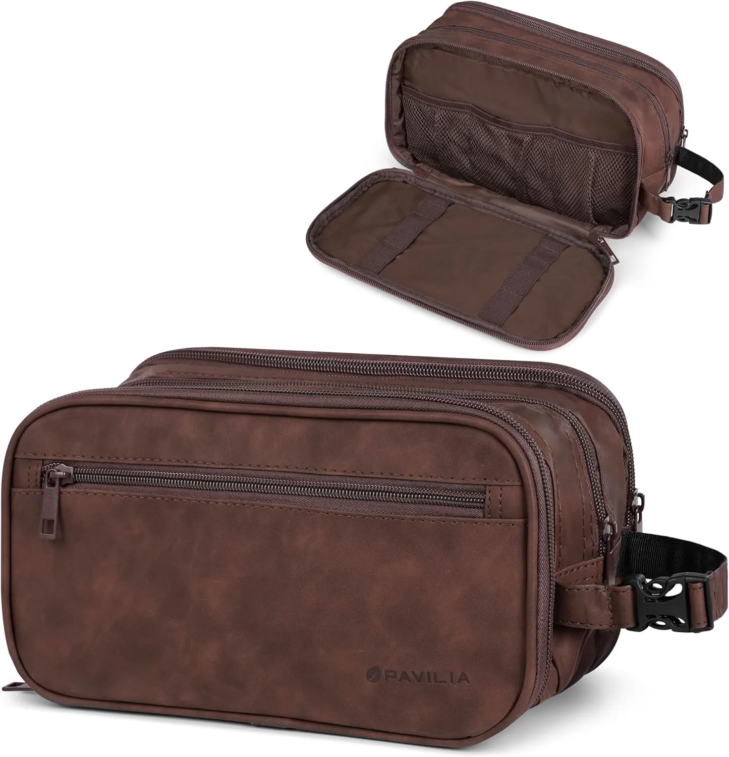 PAVILIA Toiletry Bag for Men, Travel Toiletries Bag | Water-resistant Dopp Kit, PU Leather Shaving Pouch Organizer for Accessories, Cosmetic, Hygiene, Grooming Essentials (Black)