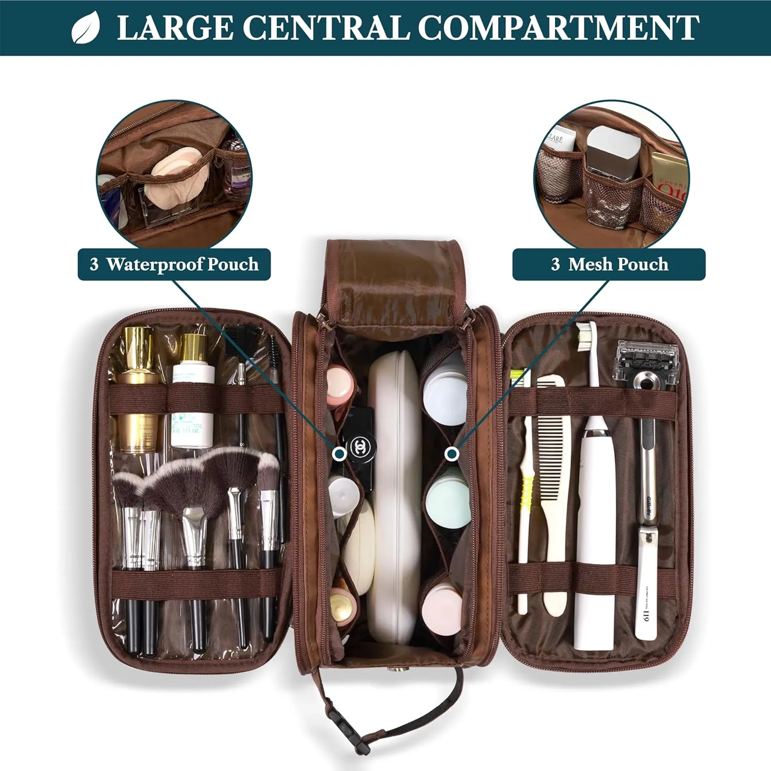 PAVILIA Toiletry Bag for Men Women, Mens Travel Bag Toiletries Organizer Case for Grooming, Travel Essentials Shaving Dopp Kit, PU Leather Water Resistant Cosmetic Pouch, Brown