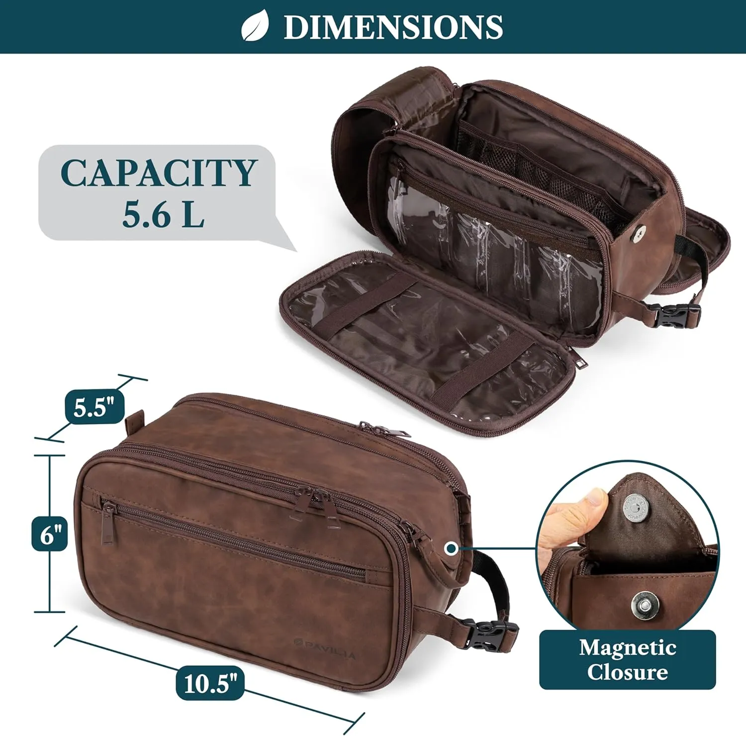 PAVILIA Toiletry Bag for Men Women, Mens Travel Bag Toiletries Organizer Case for Grooming, Travel Essentials Shaving Dopp Kit, PU Leather Water Resistant Cosmetic Pouch, Dark Brown