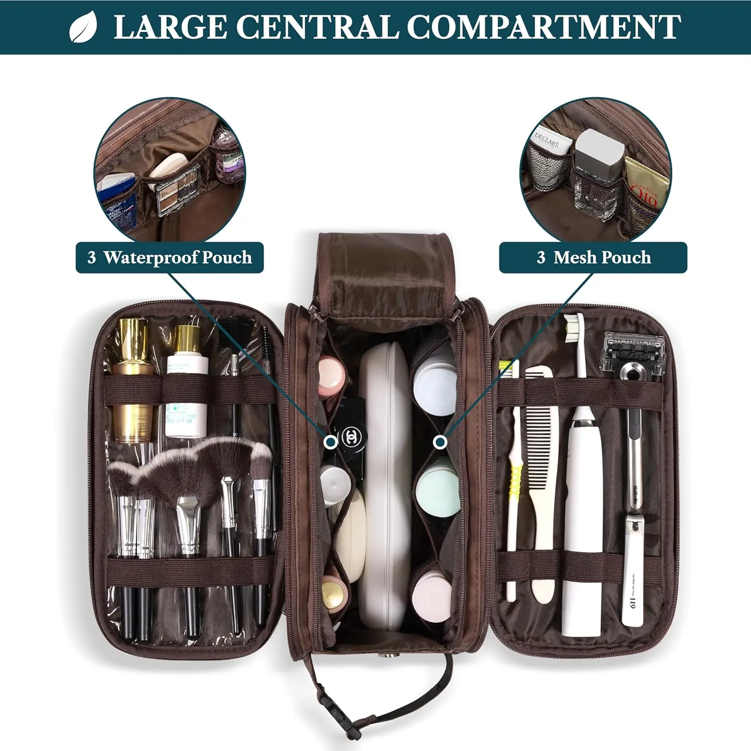 PAVILIA Toiletry Bag for Men Women, Mens Travel Bag Toiletries Organizer Case for Grooming, Travel Essentials Shaving Dopp Kit, PU Leather Water Resistant Cosmetic Pouch, Dark Brown