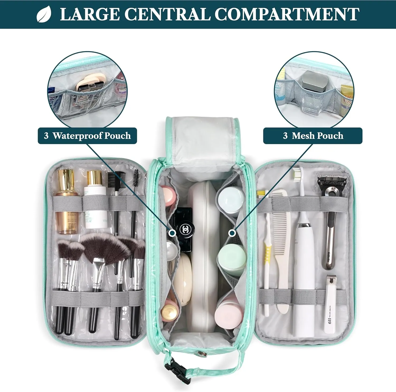 PAVILIA Toiletry Bag for Men Women, Mens Travel Bag Toiletries Organizer Case for Grooming, Travel Essentials Shaving Dopp Kit, PU Leather Water Resistant Cosmetic Pouch, Teal Chevron