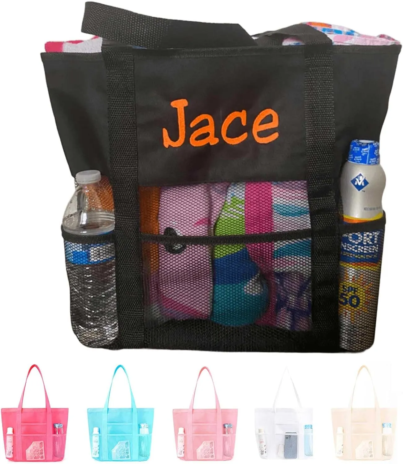 Personalized Beach Bags for Women with Embroidered Name, Custom Tote Bag with Multiple Pockets for Family, Sandproof Foldable Shoulder Bags for Swimming Pools Travel Vacation Essentials