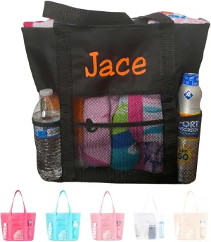 Personalized Beach Bags for Women with Embroidered Name, Custom Tote Bag with Multiple Pockets for Family, Sandproof Foldable Shoulder Bags for Swimming Pools Travel Vacation Essentials