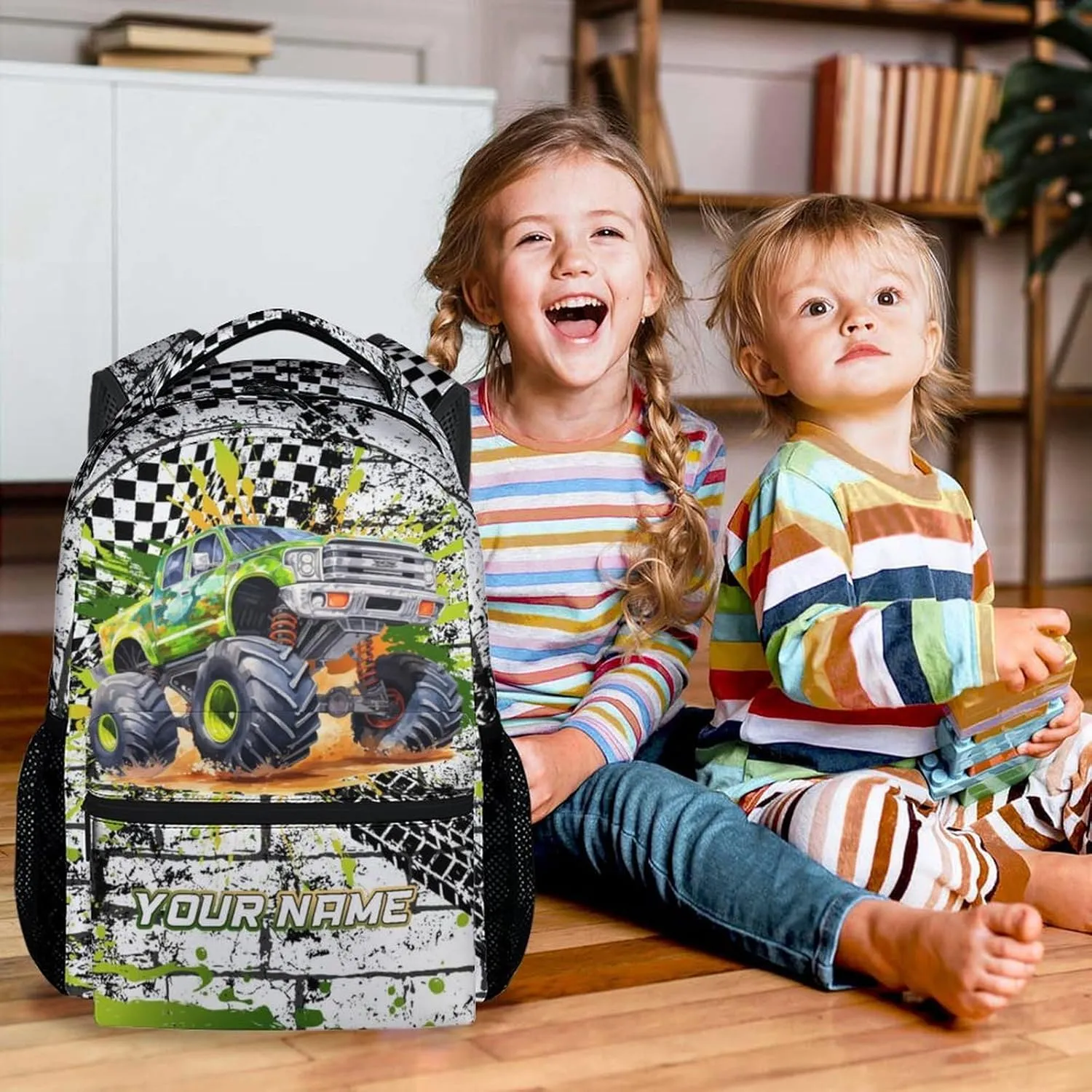 Personalized Kids Backpack for Kindergarten, 17 Inch Funny Truck Backpacks for Boys, Green Large Capacity Bookbag for Middle School