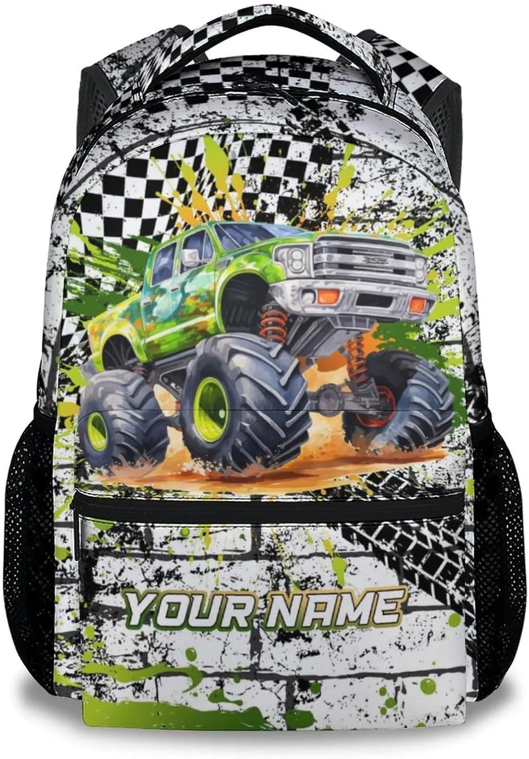 Personalized Kids Backpack for Kindergarten, 17 Inch Funny Truck Backpacks for Boys, Green Large Capacity Bookbag for Middle School