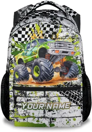 Personalized Kids Backpack for Kindergarten, 17 Inch Funny Truck Backpacks for Boys, Green Large Capacity Bookbag for Middle School