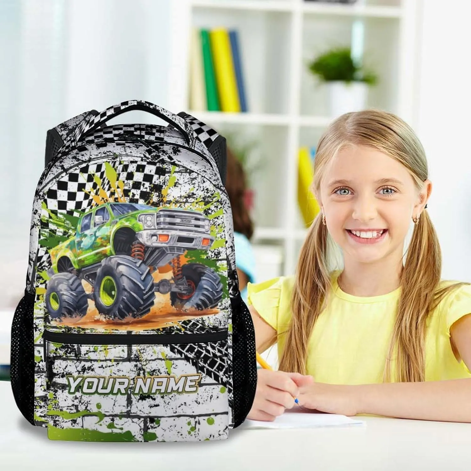 Personalized Kids Backpack for Kindergarten, 17 Inch Funny Truck Backpacks for Boys, Green Large Capacity Bookbag for Middle School