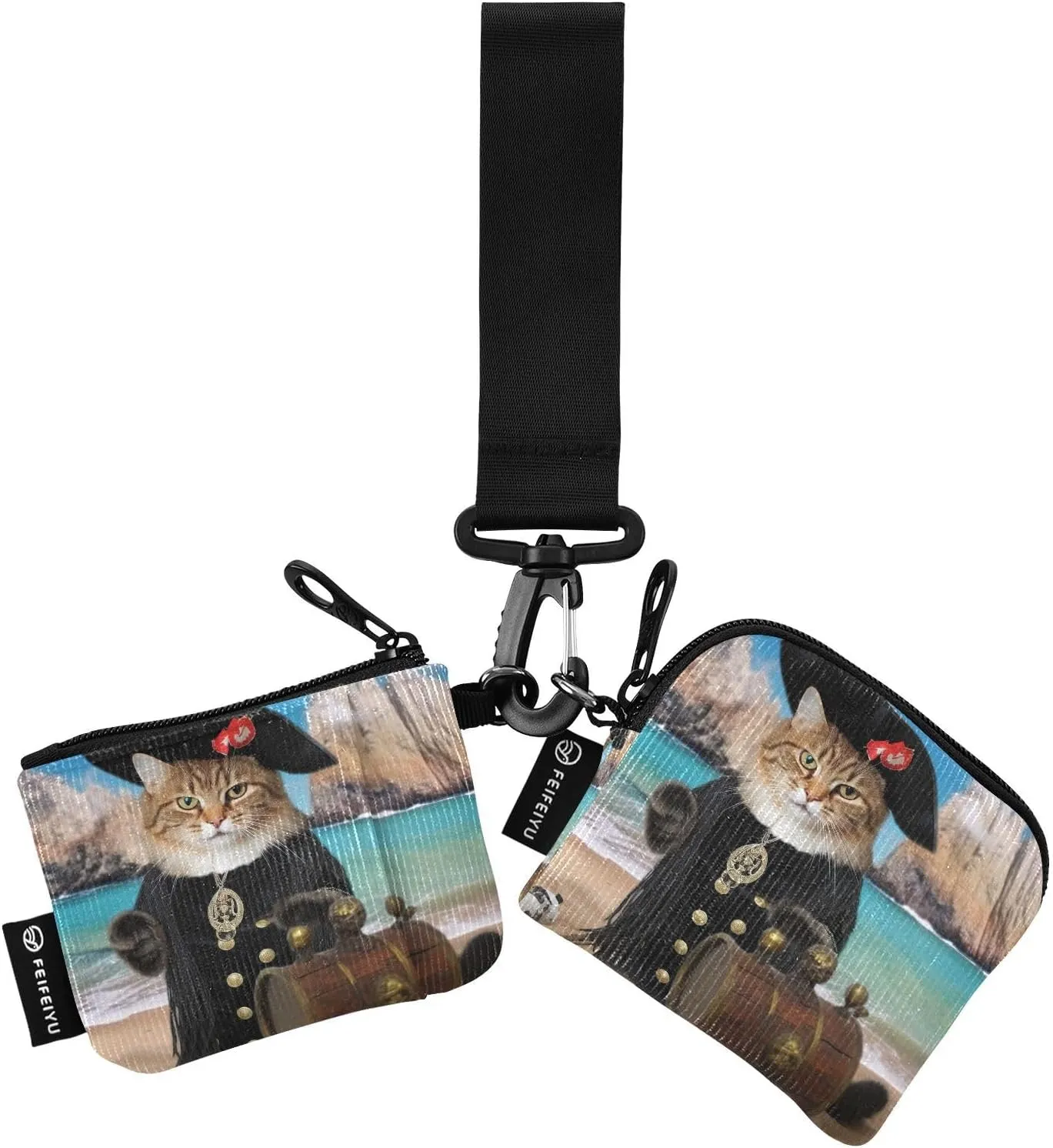 Pirate Captain Cat Zip Around Wristlet Wallet for Women Portable Detachable Dual Pocket Keychain Wallet Wrist Wallet