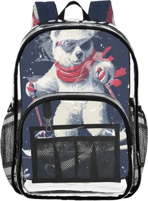 Playful Polar Bear Skiing Navy Backpacks, Clear Plastic Bags, Clear Backpacks for School, Cute Backpacks for Teen Girls