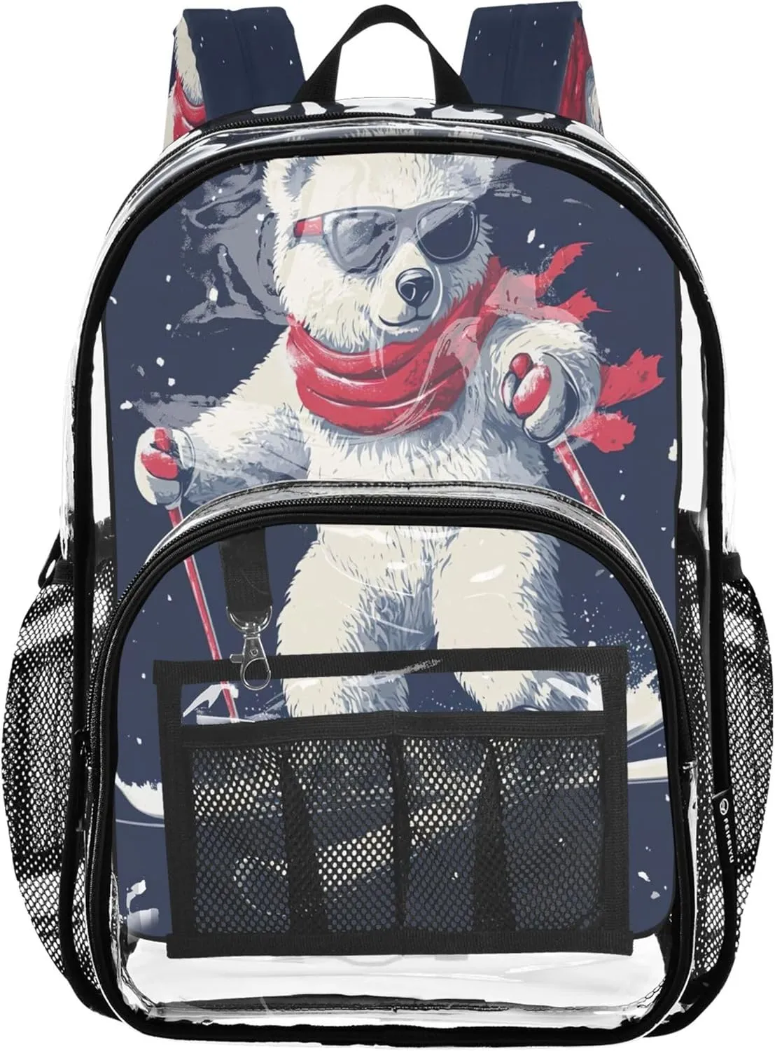 Playful Polar Bear Skiing Navy Backpacks, Clear Plastic Bags, Clear Backpacks for School, Cute Backpacks for Teen Girls